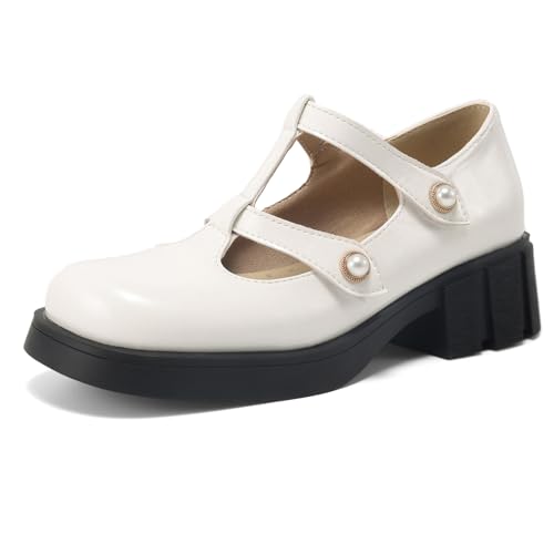 Gicoiz Plateau Mary Jane Damen T-Spange Blockabsatz Pumps Damen Schuluniform Komfort Runde Zehen Plateau Brogue Sommer Schuhe Weiß Gr 39 EU-40Cn Gicoiz Plateau Mary Jane Damen T-Spange Blockabsatz Pumps Damen Schuluniform Komfort Runde Zehen Plateau Brogue Sommer Schuhe Weiß Gr 39 EU-40Cn von Gicoiz