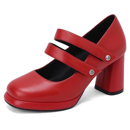 Gicoiz Plateau Mary Jane Komfort Runde Zehen Damen Pumps Knöchelriemchen Sommer Hohen Blockabsatz Hochzeit Elegant Chunky Schuhe Rot Gr 36 EU von Gicoiz