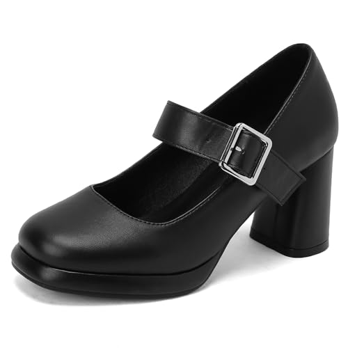 Gicoiz Plateau Mary Jane Komfort Runde Zehen Damen Pumps Knöchelriemchen Sommer Hohen Blockabsatz Hochzeit Elegant Chunky Schuhe Schwarz Gr 35 EU von Gicoiz