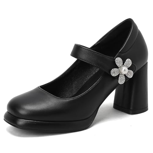 Gicoiz Plateau Mary Jane Komfort Runde Zehen Damen Pumps Knöchelriemchen Sommer Hohen Blockabsatz Hochzeit Elegant Chunky Schuhe Schwarz Gr 36 EU von Gicoiz