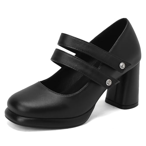 Gicoiz Plateau Mary Jane Komfort Runde Zehen Damen Pumps Knöchelriemchen Sommer Hohen Blockabsatz Hochzeit Elegant Chunky Schuhe Schwarz Gr 39 EU-40Cn von Gicoiz