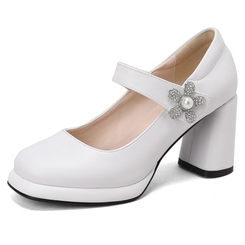 Gicoiz Plateau Mary Jane Komfort Runde Zehen Damen Pumps Knöchelriemchen Sommer Hohen Blockabsatz Hochzeit Elegant Chunky Schuhe Weiß Gr 36 EU von Gicoiz