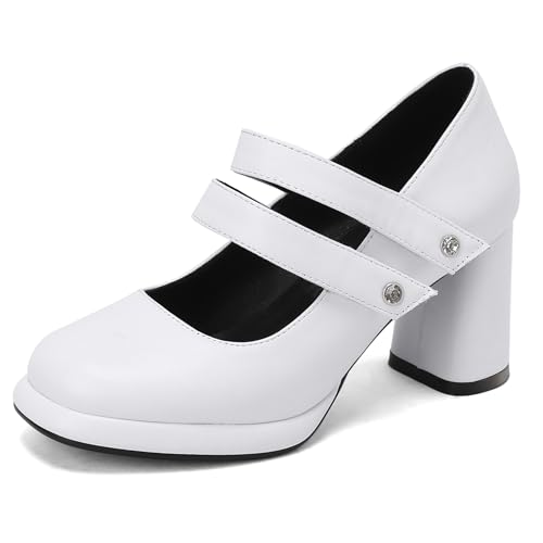 Gicoiz Plateau Mary Jane Komfort Runde Zehen Damen Pumps Knöchelriemchen Sommer Hohen Blockabsatz Hochzeit Elegant Chunky Schuhe Weiß Gr 40.5 EU-42Cn von Gicoiz