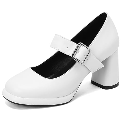 Gicoiz Plateau Mary Jane Komfort Runde Zehen Damen Pumps Knöchelriemchen Sommer Hohen Blockabsatz Hochzeit Elegant Chunky Schuhe Weiß Gr 41 EU-43Cn von Gicoiz