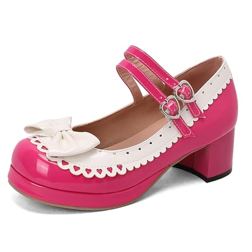 Gicoiz Plateau Mary Jane Schnalle Knöchelriemchen Damen Block Schuhe Sommer Schuluniform Party Komfort Runde Zehen Damen Pumps Bogen Rose-Rot Gr 41 EU-43Cn von Gicoiz