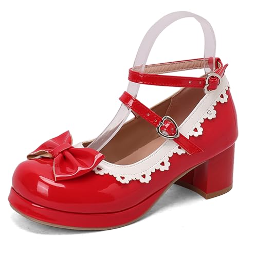 Gicoiz Plateau Mary Jane Schnalle Knöchelriemchen Damen Block Schuhe Sommer Schuluniform Party Komfort Runde Zehen Damen Pumps Bogen Rot Gr 34 EU von Gicoiz