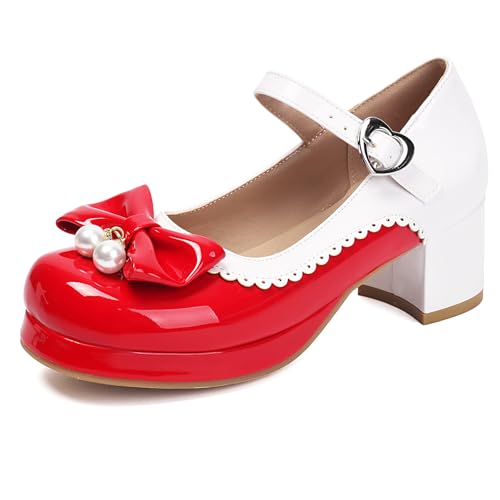Gicoiz Plateau Mary Jane Schnalle Knöchelriemchen Damen Block Schuhe Sommer Schuluniform Party Komfort Runde Zehen Damen Pumps Bogen Rot Gr 40 EU-41Cn von Gicoiz
