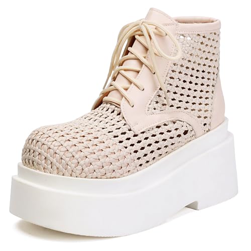 Gicoiz Plateau Military Damen Sommer Mode Schnüren Keilabsatz Stiefel Runde Zehen Damen Runde Zehen Punk Combat Gothic Biker Stiefeletten Beige Gr 34 EU von Gicoiz