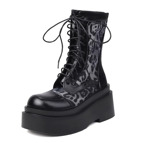 Gicoiz Plateau Military Damen Sommer Mode Schnüren Keilabsatz Stiefel Runde Zehen Damen Runde Zehen Punk Combat Gothic Biker Stiefeletten Schwarz Gr 42 EU-44Cn von Gicoiz