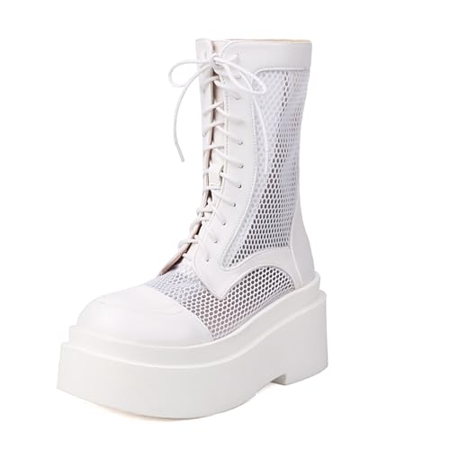 Gicoiz Plateau Military Damen Sommer Mode Schnüren Keilabsatz Stiefel Runde Zehen Damen Runde Zehen Punk Combat Gothic Biker Stiefeletten Weiß Gr 36.5 EU-37Cn von Gicoiz