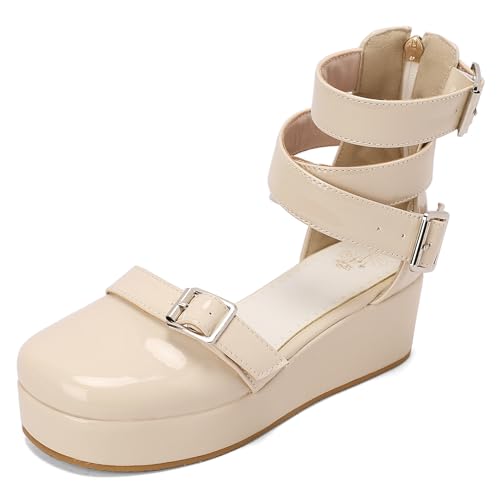 Gicoiz Plateau Sandals Damen Komfort Keilabsatz Sandals Zip Damen Sommer Schuluniform Offene Zeh Knöchelriemchen Mode Lack Runde Zehen Beige Gr 33 EU von Gicoiz