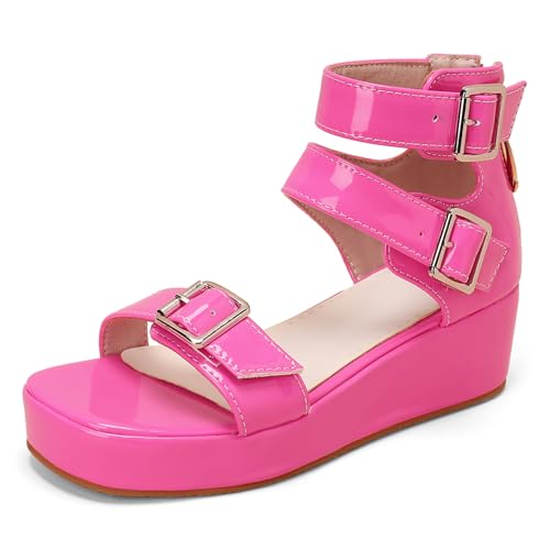 Gicoiz Plateau Sandals Damen Komfort Keilabsatz Sandals Zip Damen Sommer Schuluniform Offene Zeh Knöchelriemchen Mode Lack Runde Zehen Cherry Gr 36 EU von Gicoiz