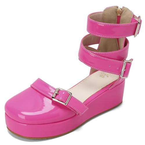 Gicoiz Plateau Sandals Damen Komfort Keilabsatz Sandals Zip Damen Sommer Schuluniform Offene Zeh Knöchelriemchen Mode Lack Runde Zehen Cherry Gr 36.5 EU-37Cn von Gicoiz