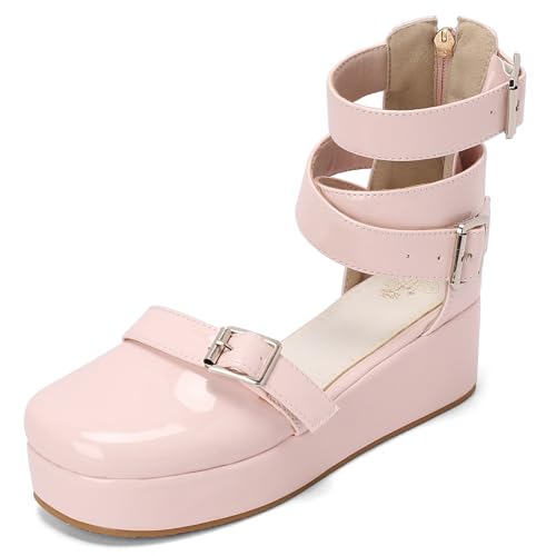 Gicoiz Plateau Sandals Damen Komfort Keilabsatz Sandals Zip Damen Sommer Schuluniform Offene Zeh Knöchelriemchen Mode Lack Runde Zehen Pink Gr 40.5 EU-42Cn von Gicoiz