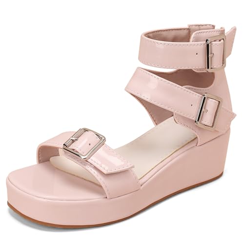 Gicoiz Plateau Sandals Damen Komfort Keilabsatz Sandals Zip Damen Sommer Schuluniform Offene Zeh Knöchelriemchen Mode Lack Runde Zehen Pink Gr 44 EU-46Cn von Gicoiz