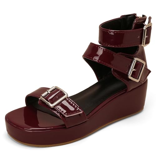 Gicoiz Plateau Sandals Damen Komfort Keilabsatz Sandals Zip Damen Sommer Schuluniform Offene Zeh Knöchelriemchen Mode Lack Runde Zehen Rotwein Gr 31 EU von Gicoiz