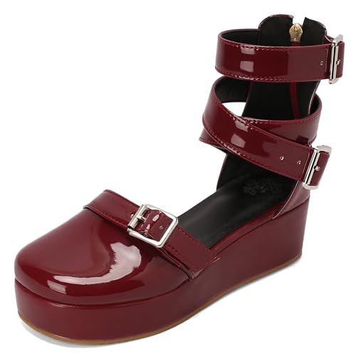 Gicoiz Plateau Sandals Damen Komfort Keilabsatz Sandals Zip Damen Sommer Schuluniform Offene Zeh Knöchelriemchen Mode Lack Runde Zehen Rotwein Gr 37 EU-38Cn von Gicoiz