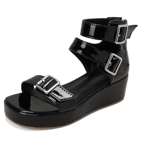 Gicoiz Plateau Sandals Damen Komfort Keilabsatz Sandals Zip Damen Sommer Schuluniform Offene Zeh Knöchelriemchen Mode Lack Runde Zehen Schwarz Gr 33 EU von Gicoiz