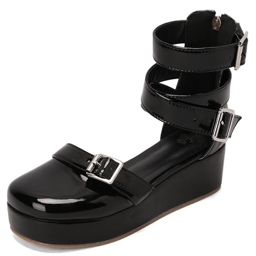 Gicoiz Plateau Sandals Damen Komfort Keilabsatz Sandals Zip Damen Sommer Schuluniform Offene Zeh Knöchelriemchen Mode Lack Runde Zehen Schwarz Gr 40 EU-41Cn von Gicoiz