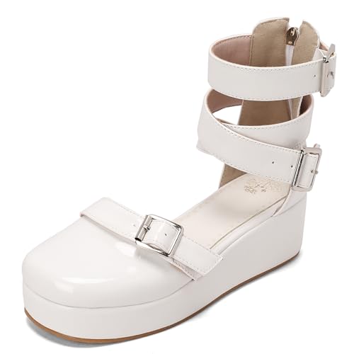 Gicoiz Plateau Sandals Damen Komfort Keilabsatz Sandals Zip Damen Sommer Schuluniform Offene Zeh Knöchelriemchen Mode Lack Runde Zehen Weiß Gr 38 EU-39Cn von Gicoiz