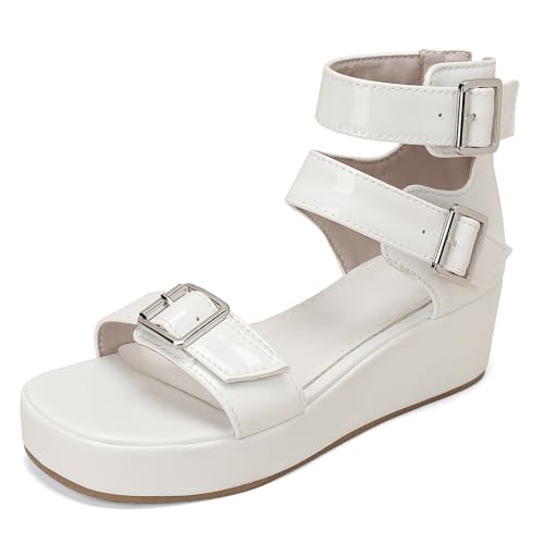 Gicoiz Plateau Sandals Damen Komfort Keilabsatz Sandals Zip Damen Sommer Schuluniform Offene Zeh Knöchelriemchen Mode Lack Runde Zehen Weiß Gr 47 EU-49Cn von Gicoiz