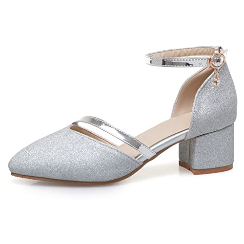 Gicoiz Pointed Toe Blockabsatz Schuhe Bride Pailletten Knöchelriemchen Sandalen Damen Basic Mitte Absatz Geschlossen Sparkly Abendschuhe Silber Gr 39 EU-40Cn von Gicoiz