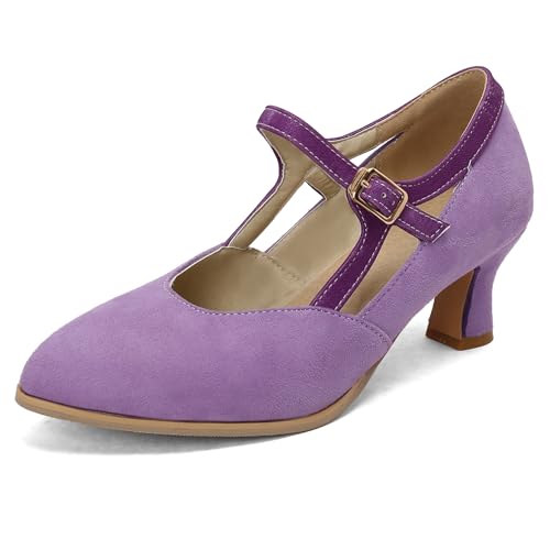 Gicoiz Pointed Toe Mary Jane Damen Block Kitten Heel Pumps Knöchelriemchen Hochzeit Comfy Formal Schuhe Arbeit Geschlossen Violett Gr 41 EU-43Cn von Gicoiz