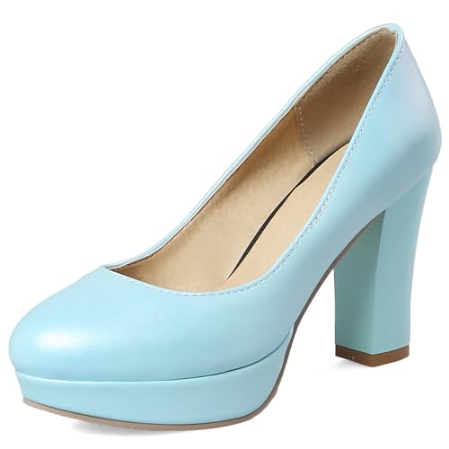 Gicoiz Runde Zehen Block Schuhe Komfort Ohne Verschluss Damen Pumps Sommer Abend Chunky Höhe Ferse Plateau Formal Büroschuhe Blau Gr 34 EU von Gicoiz