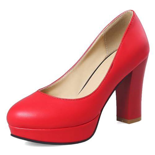 Gicoiz Runde Zehen Block Schuhe Komfort Ohne Verschluss Damen Pumps Sommer Abend Chunky Höhe Ferse Plateau Formal Büroschuhe Rot Gr 34 EU von Gicoiz