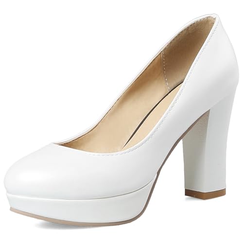 Gicoiz Runde Zehen Block Schuhe Komfort Ohne Verschluss Damen Pumps Sommer Abend Chunky Höhe Ferse Plateau Formal Büroschuhe Weiß Gr 41 EU-43Cn von Gicoiz