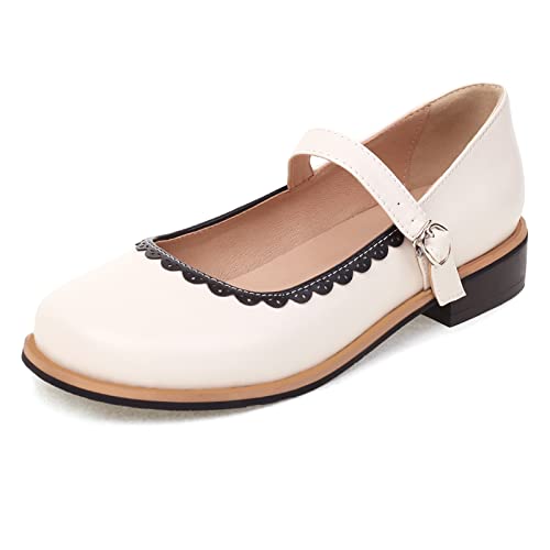 Gicoiz Runde Zehen Mary Jane Brogue Damen Block Niedrige Absatz Pump Schnalle T Bar Comfy Weit Fit Buro Arbeit Damen Knöchelriemchen Schuluniform Schuhe Beige Gr 40.5 EU-42Cn von Gicoiz