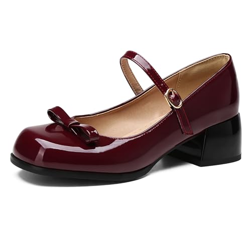 Gicoiz Runde Zehen Mary Jane Mitte Blockabsatz Damen Komfort Büroschuhe Hochzeit Knöchelriemchen Sommer Elegant Schnalle Bogen Pumps Schuluniform Rotwein Gr 38 EU-39Cn von Gicoiz