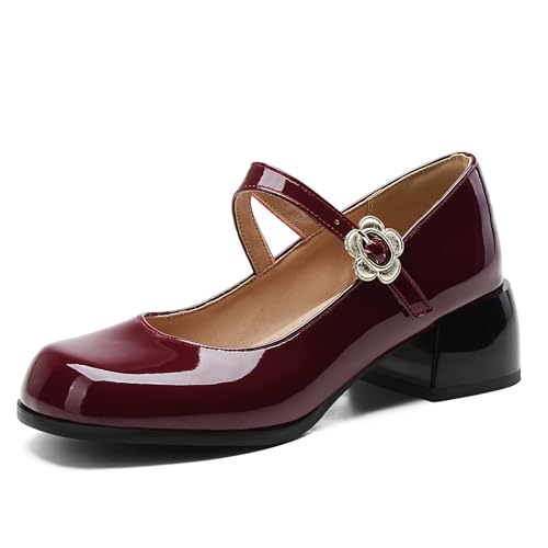 Gicoiz Runde Zehen Mary Jane Mitte Blockabsatz Damen Komfort Büroschuhe Hochzeit Knöchelriemchen Sommer Elegant Schnalle Bogen Pumps Schuluniform Rotwein Gr 46 EU-48Cn von Gicoiz