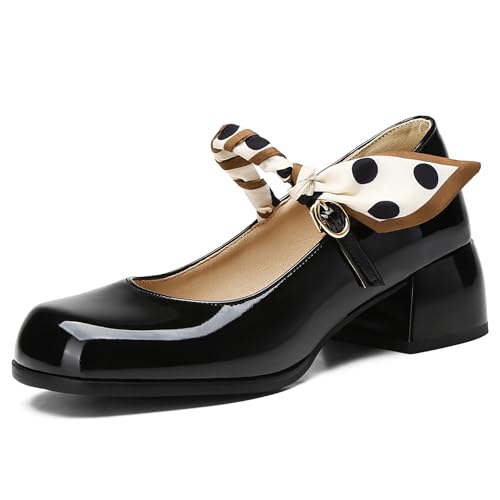 Gicoiz Runde Zehen Mary Jane Mitte Blockabsatz Damen Komfort Büroschuhe Hochzeit Knöchelriemchen Sommer Elegant Schnalle Bogen Pumps Schuluniform Schwarz Gr 32 EU von Gicoiz