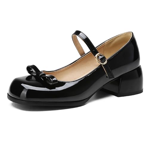 Gicoiz Runde Zehen Mary Jane Mitte Blockabsatz Damen Komfort Büroschuhe Hochzeit Knöchelriemchen Sommer Elegant Schnalle Bogen Pumps Schuluniform Schwarz Gr 40.5 EU-42Cn von Gicoiz