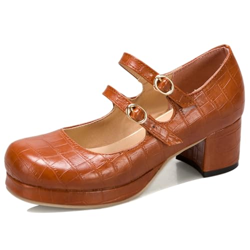 Gicoiz Runde Zehen Mary Jane Plateau Damen Block Schuhe Knöchelriemchen Damen Schuluniform Schuhe Komfort Geschlossen Mitte Absatz Gelb Gr 38 EU-39Cn von Gicoiz