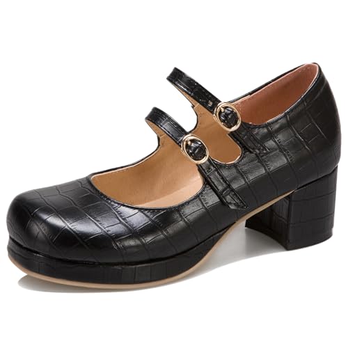 Gicoiz Runde Zehen Mary Jane Plateau Damen Block Schuhe Knöchelriemchen Damen Schuluniform Schuhe Komfort Geschlossen Mitte Absatz Schwarz Gr 36 EU von Gicoiz