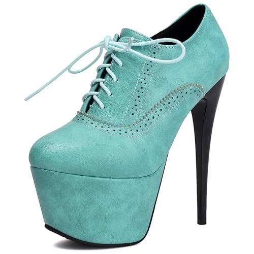 Gicoiz Schnüren Brogue Damen 15.5Cm Stilettos Oxford Runde Zehen Damen Party Höhe Ferse Plateau Derby Arbeit Pumps Blau Gr 40.5 EU-42Cn von Gicoiz