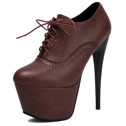 Gicoiz Schnüren Brogue Damen 15.5Cm Stilettos Oxford Runde Zehen Damen Party Höhe Ferse Plateau Derby Arbeit Pumps Braun Gr 40.5 EU-42Cn von Gicoiz