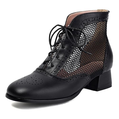 Gicoiz Schnüren Brogue Damen Square Toe Sommer Stiefeletten Mode Mitte Blockabsatz Buro Arbeit Mesh Chukka Biker Stiefeletten Vintage Schwarz Gr 41 EU-43Cn von Gicoiz