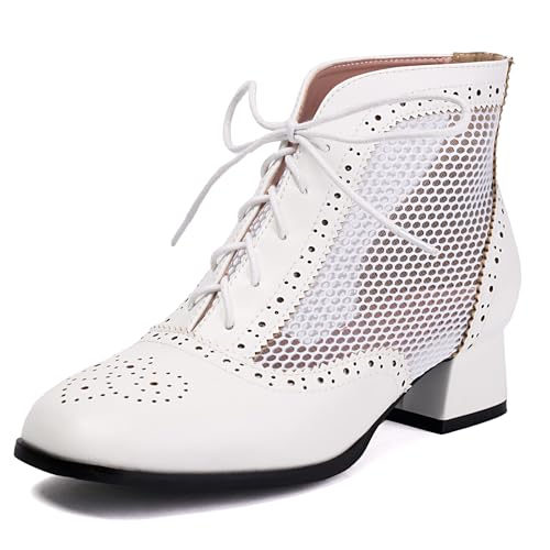 Gicoiz Schnüren Brogue Damen Square Toe Sommer Stiefeletten Mode Mitte Blockabsatz Buro Arbeit Mesh Chukka Biker Stiefeletten Vintage Weiß Gr 36 EU von Gicoiz