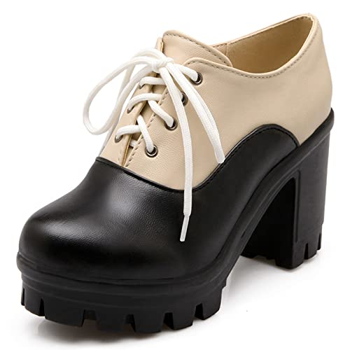 Gicoiz Schnüren Oxford Zweifarbig Damen Chunky Heel Pump Plateau Derby Komfort Runde Zehen Business Arbeit Schuhe Klassische Beige Gr 35 EU von Gicoiz