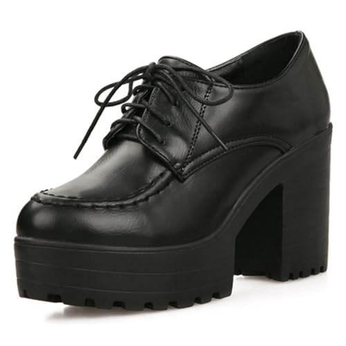 Gicoiz Schnüren Schuhe Damen Chunky Heel Plateau Oxford Plateau Runde Zehen Klassische Buro Arbeit Derby Höhe Ferse Schwarz Gr 35 EU von Gicoiz