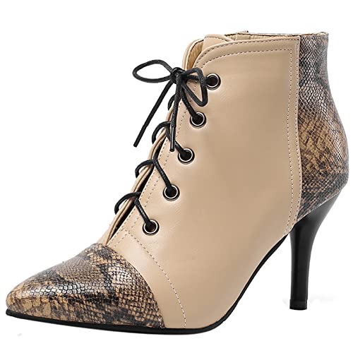 Gicoiz Schnüren Stilettos Damen Winter Stiefeletten Pointed Toe Hochzeit Mode Biker Stiefeletten Seitenreißverschluss Snakeskin Abendschuhe Aprikose Gr 39 EU-40Cn von Gicoiz