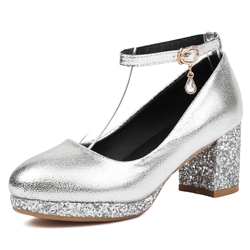 Gicoiz Shiny Mary Jane Bride Runde Zehen Hochzeit Plateau Schuhe Komfort Knöchelriemchen Damen Blockabsatz Schuhe Plateau Pump Formal Silber Gr 41 EU-43Cn von Gicoiz