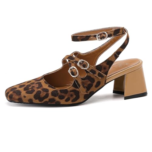 Gicoiz Slingback Block Schuhe Damen Square Toe Schuhe Knöchelriemchen Chunky Höhe Ferse Wildleder Pumps Schnalle Abend Leopard Gr 38 EU-39Cn von Gicoiz