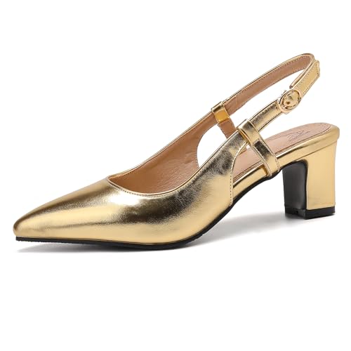 Gicoiz Slingback Blockabsatz Damen Pointed Toe Brautschuhe Ohne Verschluss Sommer Knöchelriemchen Damen Chunky Pumps Elegant Gold Gr 42 EU-44Cn von Gicoiz