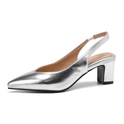 Gicoiz Slingback Blockabsatz Damen Pointed Toe Brautschuhe Ohne Verschluss Sommer Knöchelriemchen Damen Chunky Pumps Elegant Silber Gr 40 EU-41Cn von Gicoiz