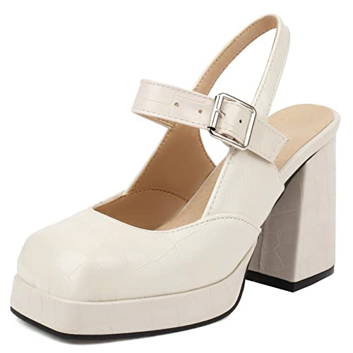 Gicoiz Slingback Chunky Heels Damen Square Toe Mary Jane Weit Fit Party Knöchelriemchen Mode Plateau Höhe Ferse Klassische Pump Beige Gr 39 EU-40Cn von Gicoiz