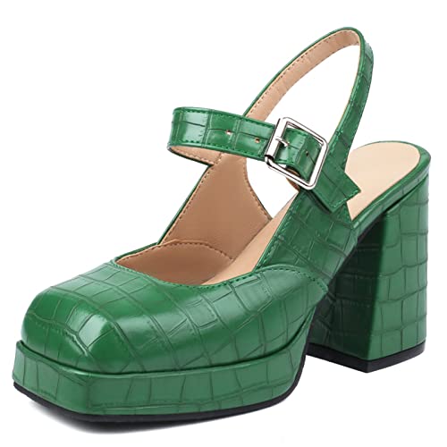 Gicoiz Slingback Chunky Heels Damen Square Toe Mary Jane Weit Fit Party Knöchelriemchen Mode Plateau Höhe Ferse Klassische Pump Grün Gr 40.5 EU-42Cn von Gicoiz